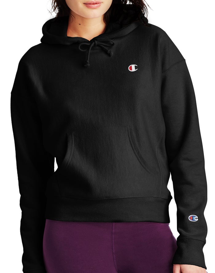 Champion Womens Hoodie NZ - Reverse Weave C Logo Black ( 7951-WIFGR )